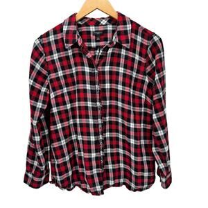 Talbots Blouse Womens Petite Large Lp Button Up Red Black Plaid Metallic Flannel